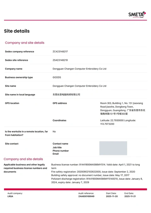 SMETA social compliance audit document, Dongguan Changen Computer Embroidery Co., Ltd.