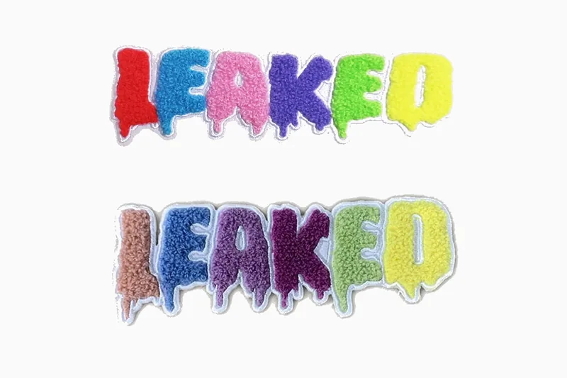 Two chenille patches with raised tufted lettering, one in bright colours and one in muted tones