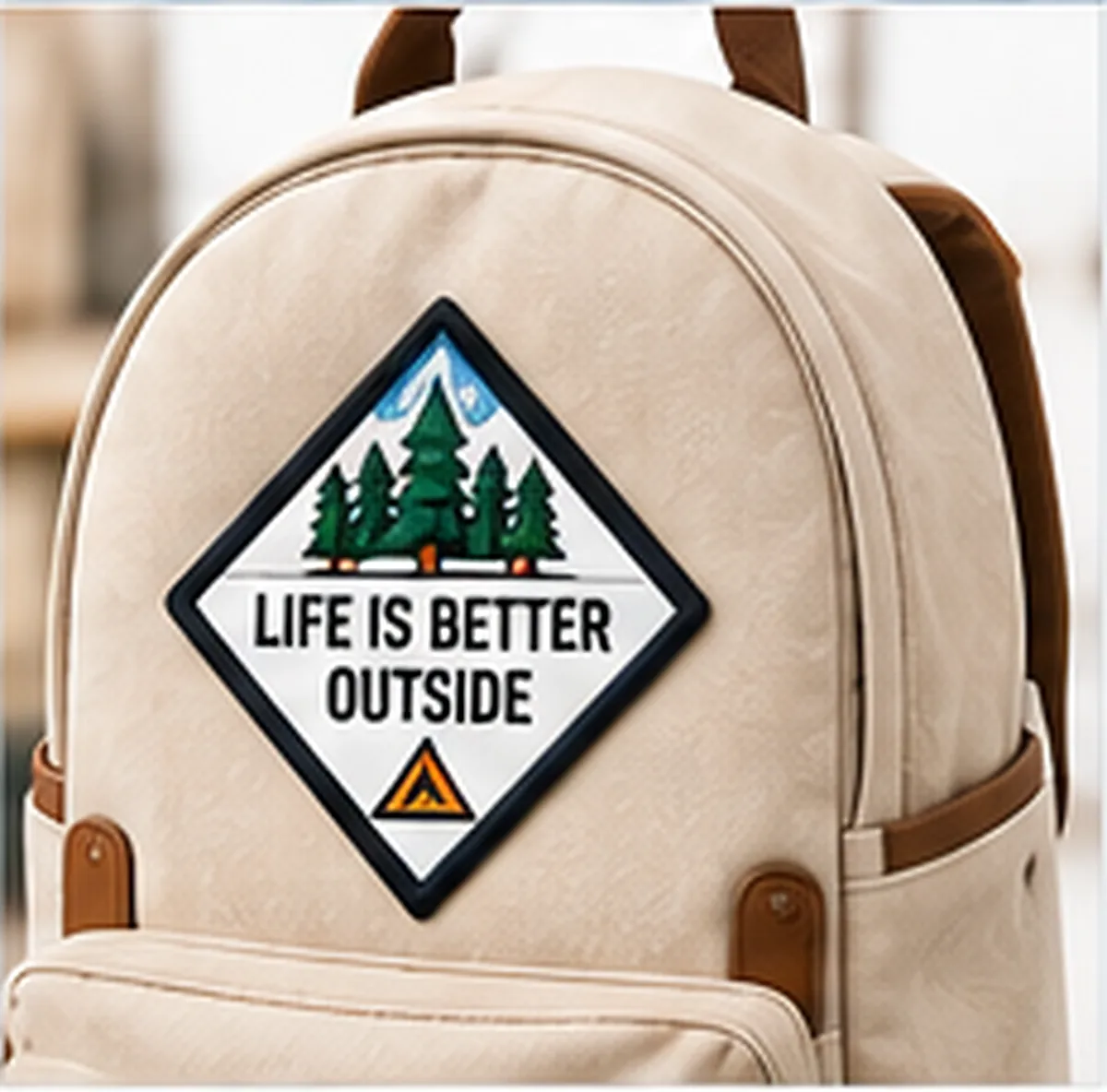Diamond embroidered patch sewn on a canvas backpack