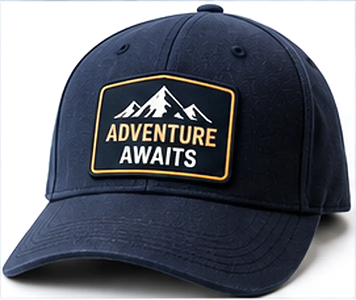 Embroidered badge sewn on the front of a navy cap