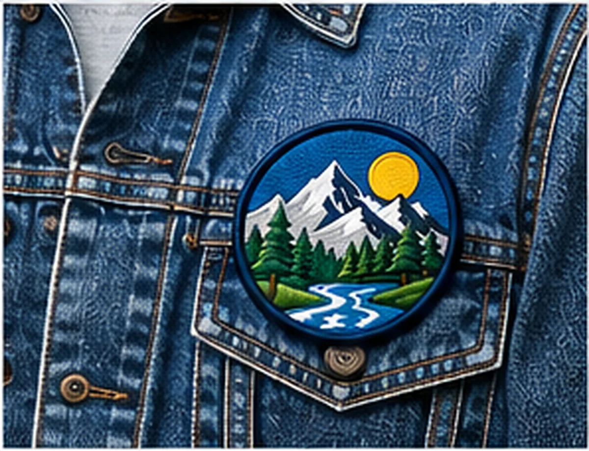 Round embroidered patch sewn on the chest of a denim jacket