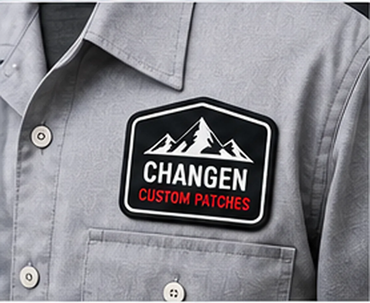 Embroidered badge sewn on the chest of a grey work shirt