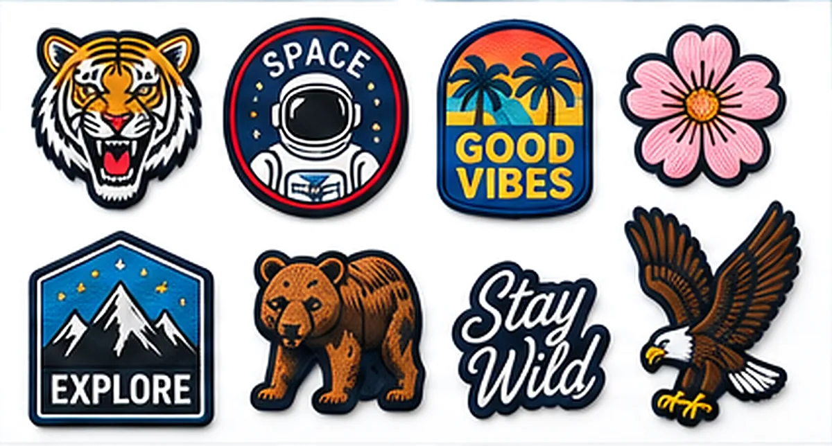 Eight finished embroidered patches laid out in a grid