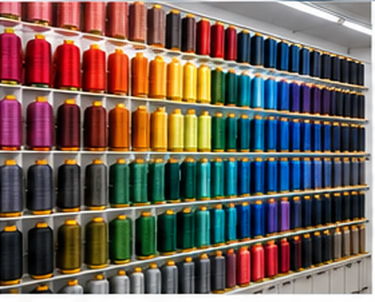 Wall of embroidery thread cones in every colour stocked for patch orders