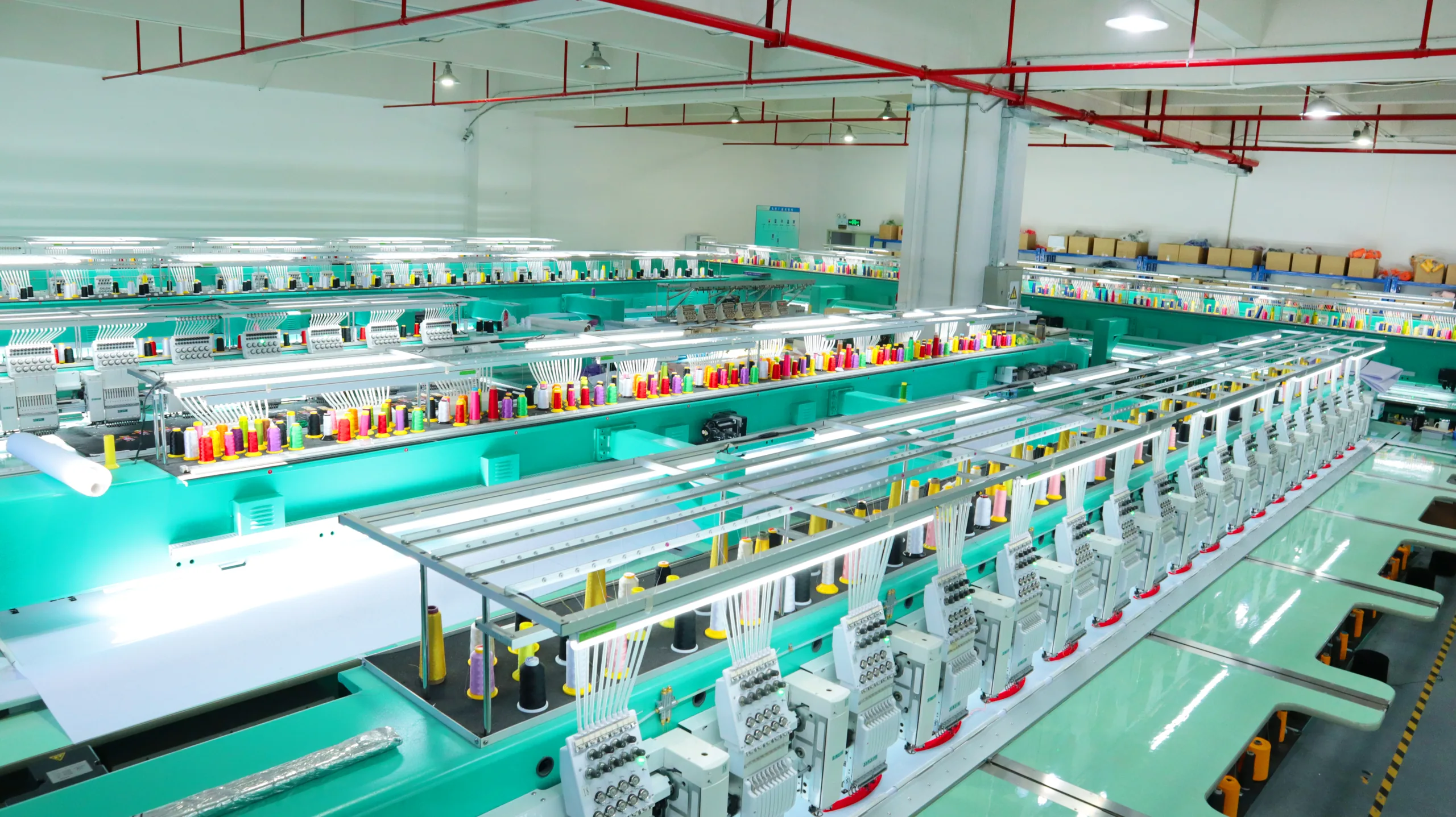 Embroidery machine lines running down the production hall