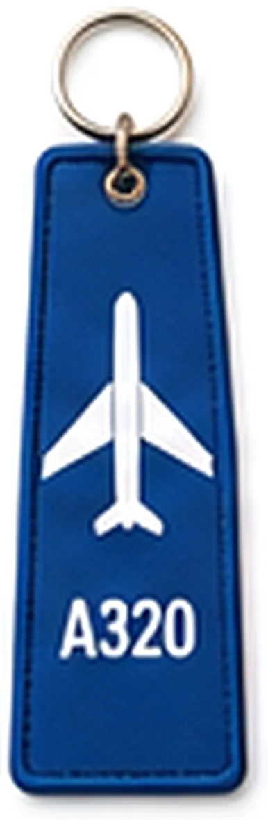 Blue flight tag keychain printed with a plane and A320