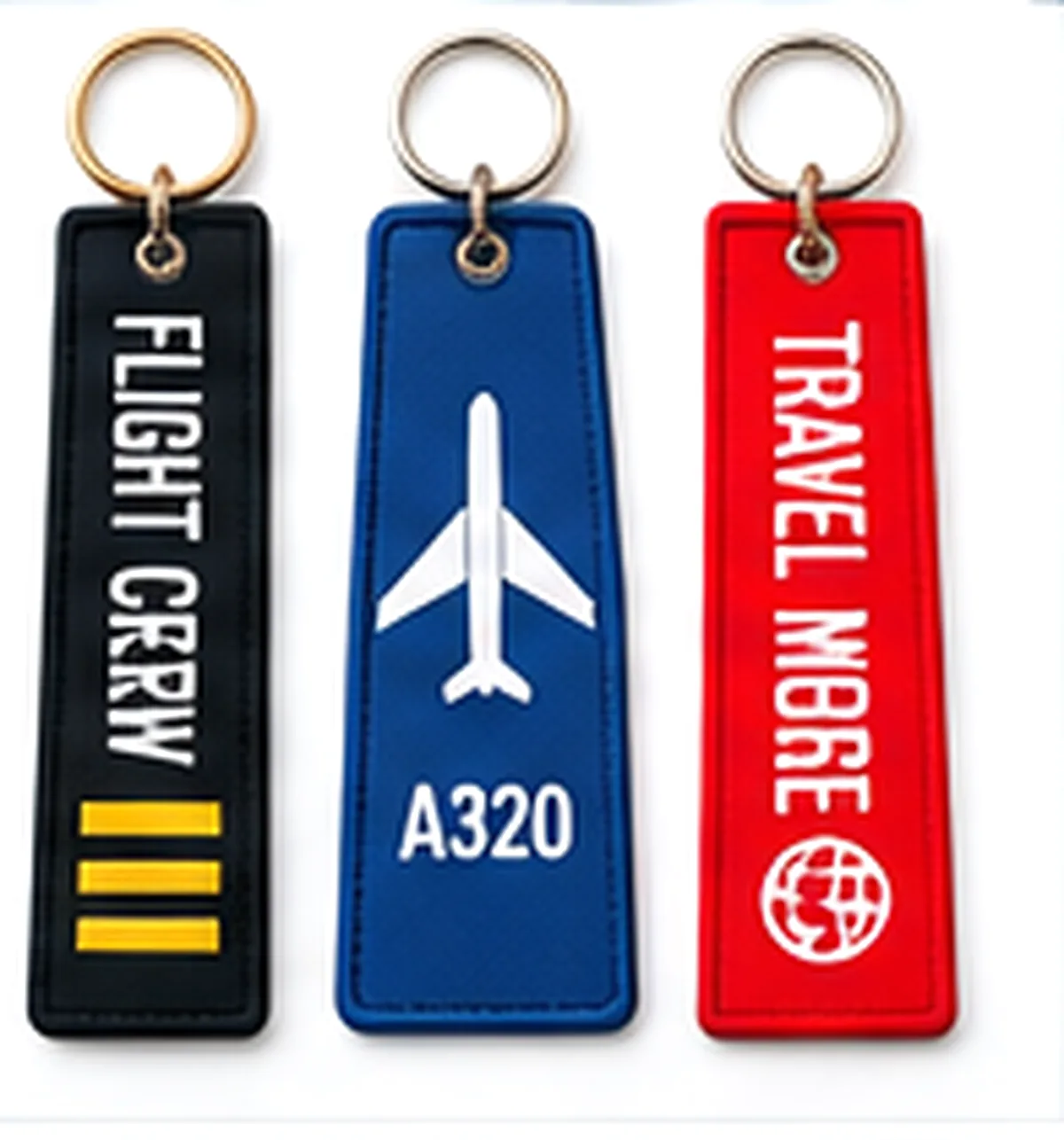 Three flight tag keychains in black, blue and red