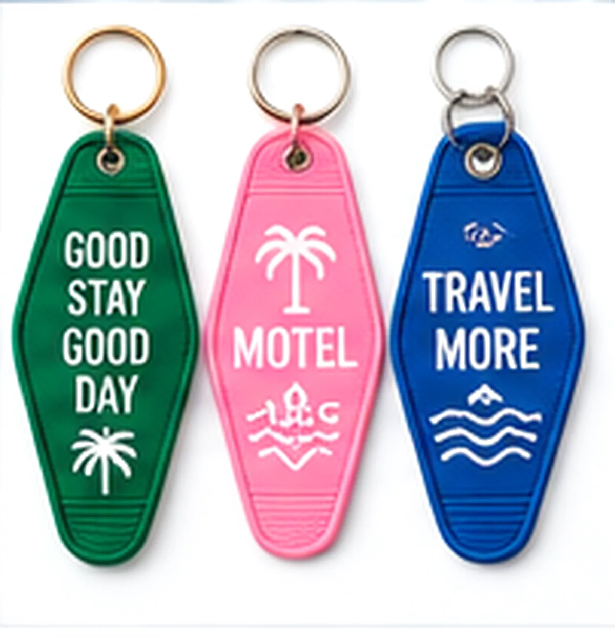 Three vintage-style hotel and motel key tags