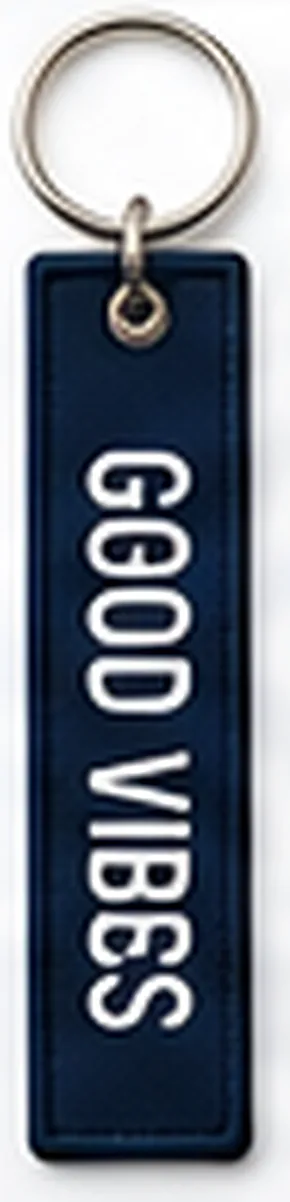 Dark woven key tag reading Good Vibes