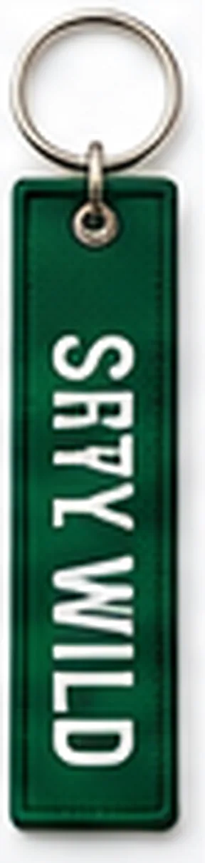 Green woven key tag reading Safy Wild