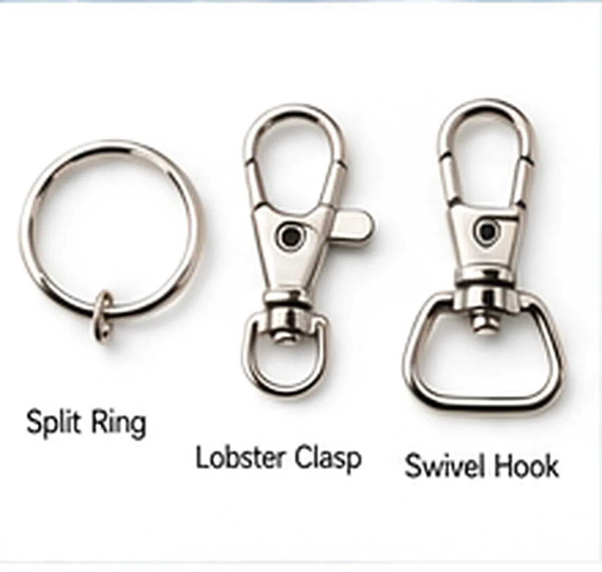 Split ring, lobster clasp and swivel hook keychain hardware