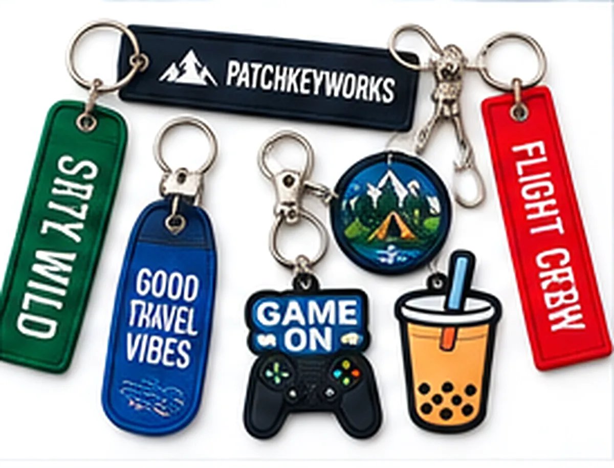 Mixed group of embroidered, woven, PVC and flight tag keychains