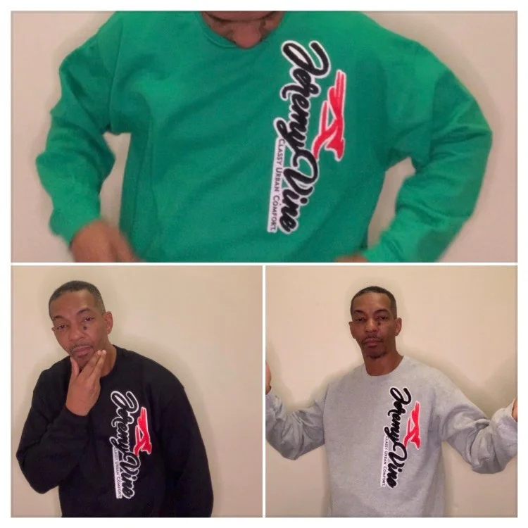 Three colorways of Jeremy Vine apparel - green, black, heather grey sweatshirts