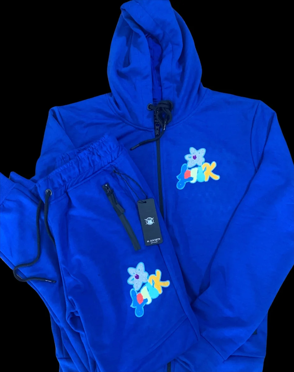 Royal blue tracksuit hoodie and jogger set with M. Society brand patch and hangtag