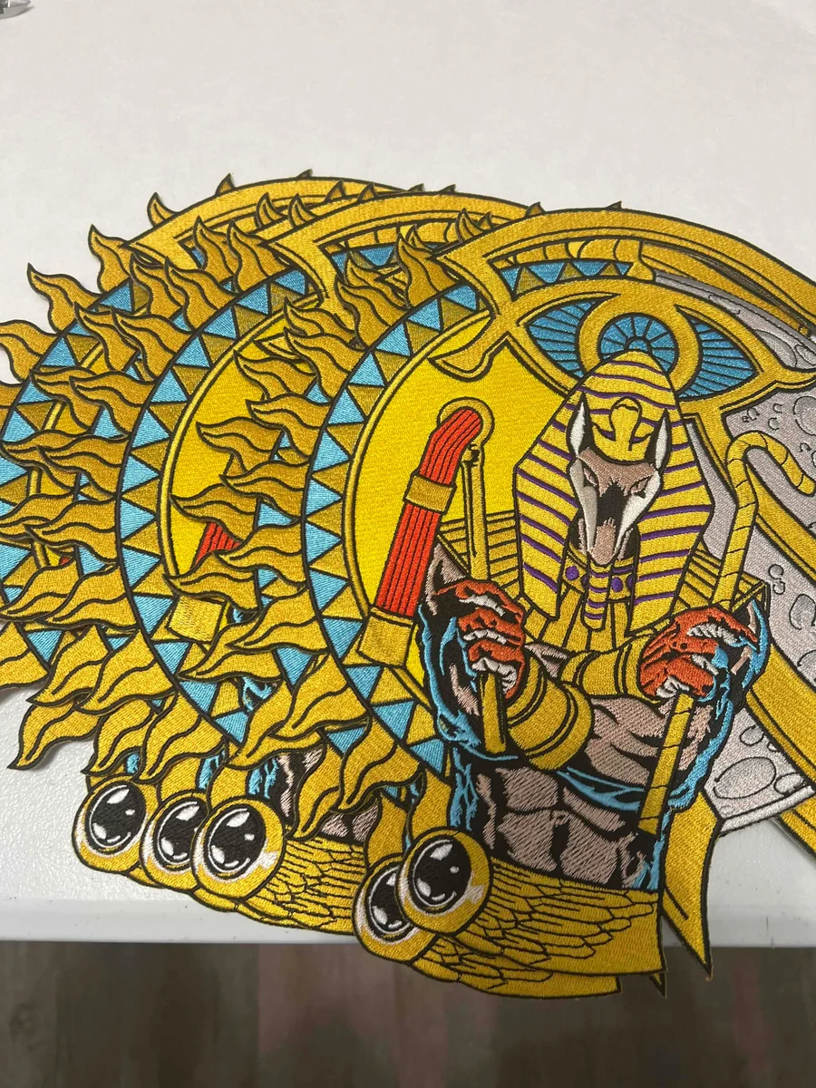 Stack of giant jacket back patches Egyptian Anubis with gold metallic thread