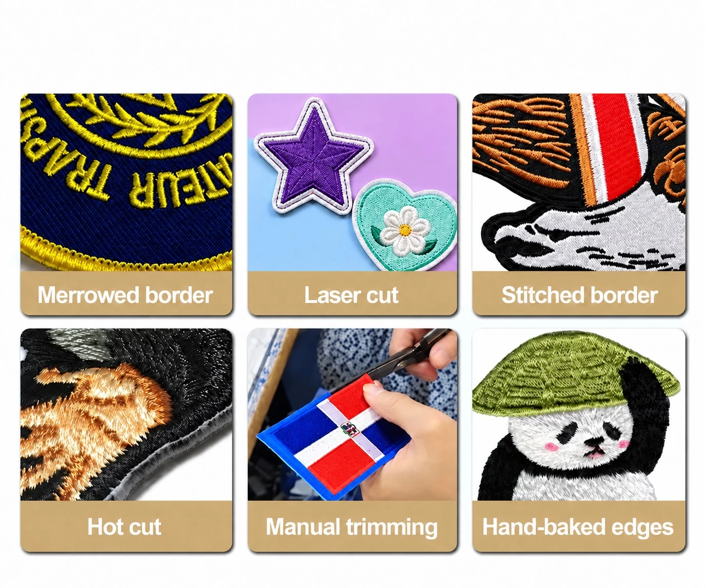 Six border finishing techniques: Merrowed border, Laser cut, Stitched border, Hot cut, Manual trimming and Hand-baked edges