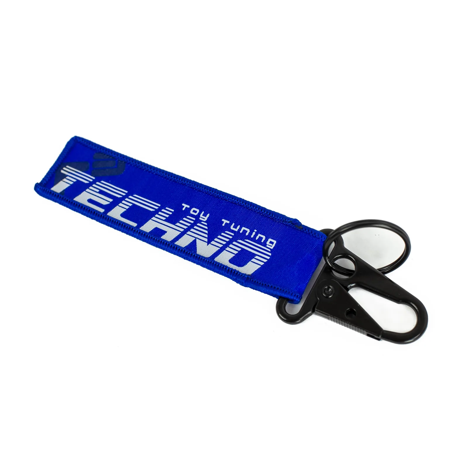 Blue TECNO woven flight tag keychain with a carabiner clip, on a white background