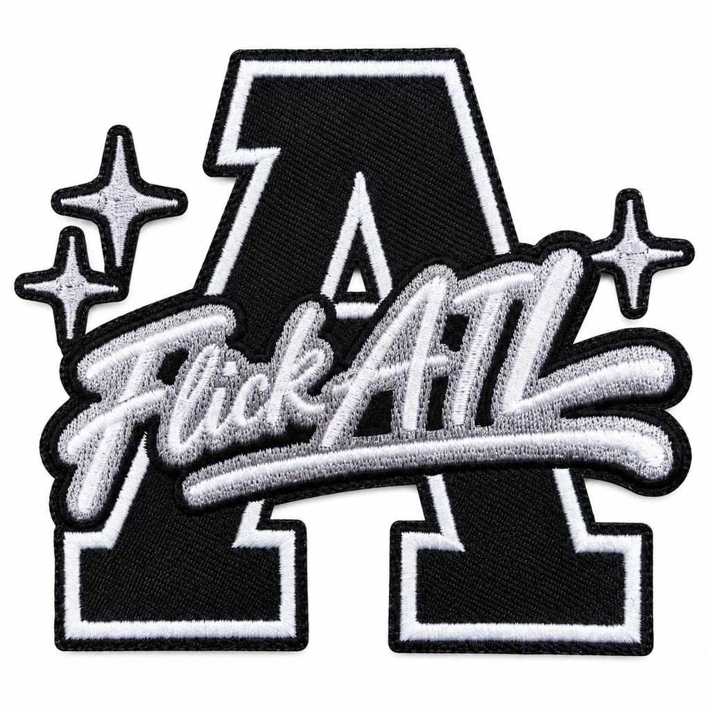 Black-and-white version of the embroidered apparel patch, with a large letter A, script lettering and stars
